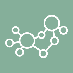 Light blue background with a graphic of connected white spheres, representing community